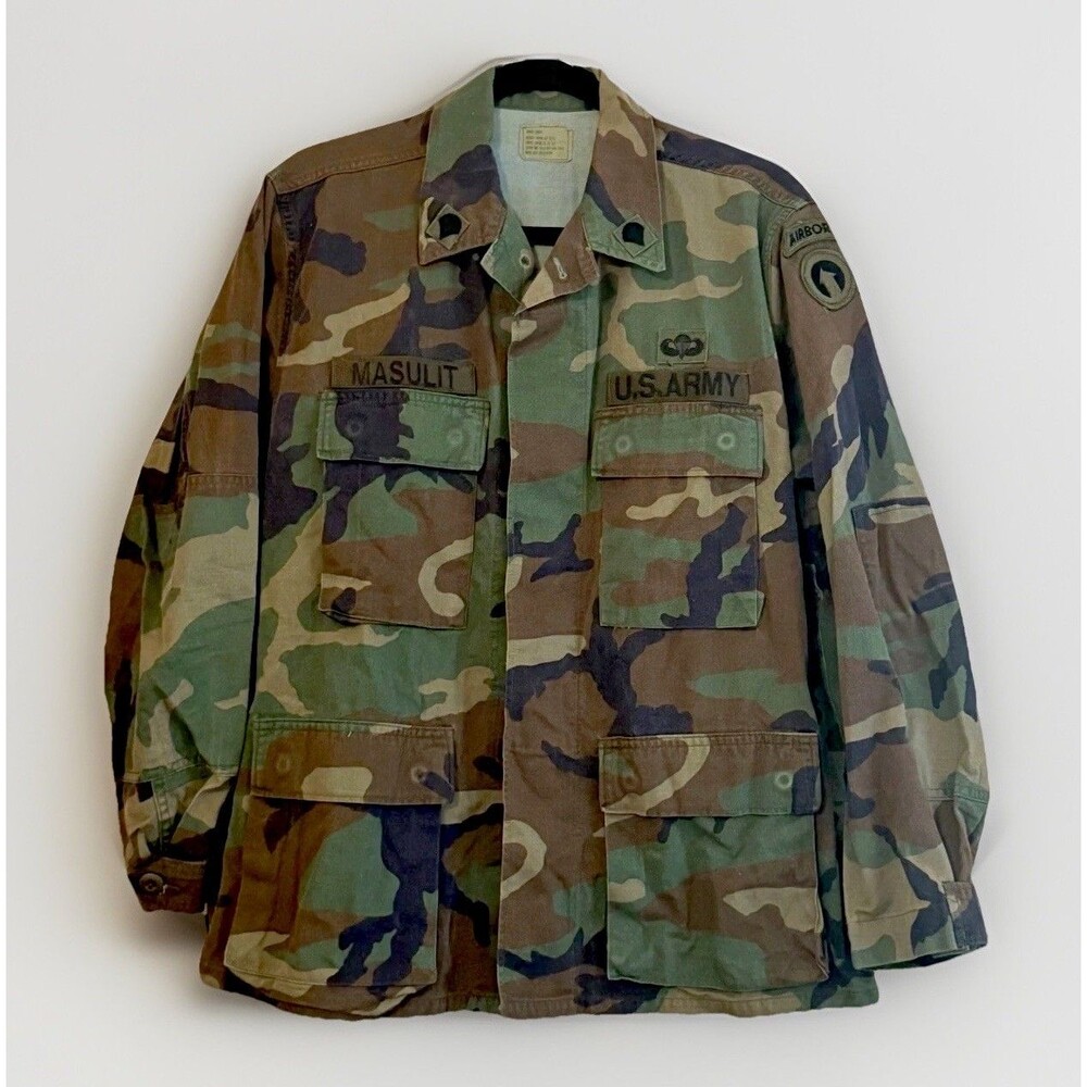 VTG 80s US Army Jacket Camo Combat Coat Airborne Patch Name Tape RARE Rank Tabs